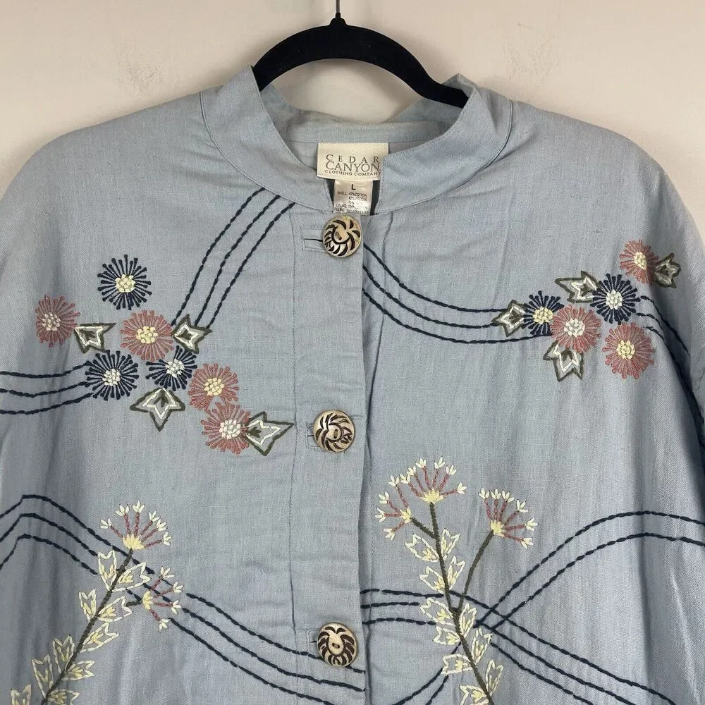 Cedar‎ Canyon Womens Floral Embroidered Jacket Large Blue Linen Blend Cottage
